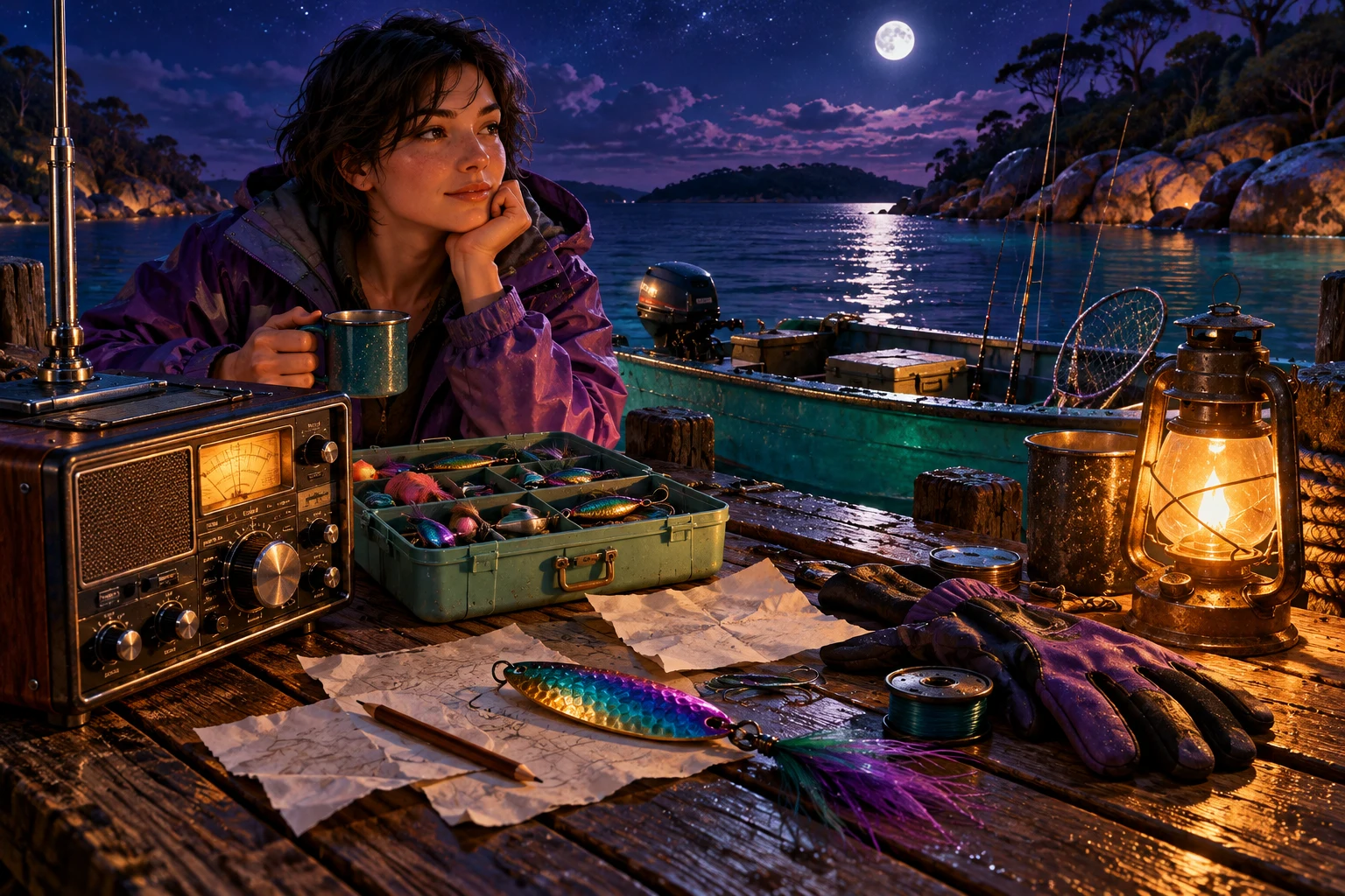 Radio, mint tackle box, purple gloves and lure on dark timber